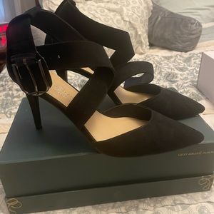Black, suede, around the ankle strappy heels, Never Worn